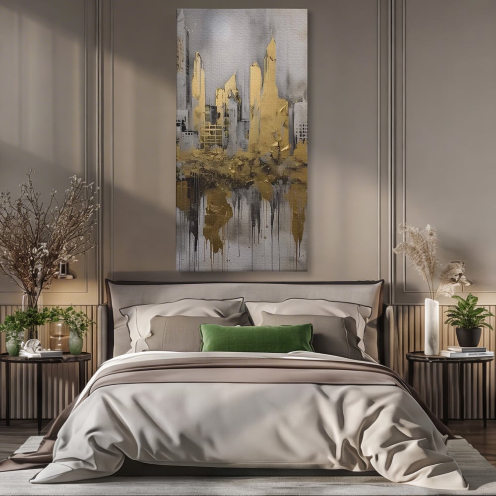 Tablou canvas cu tablou canvas cu zgarie-nori aurii, fara rama, pe sasiu de lemn, pe perete intr-un dormitor